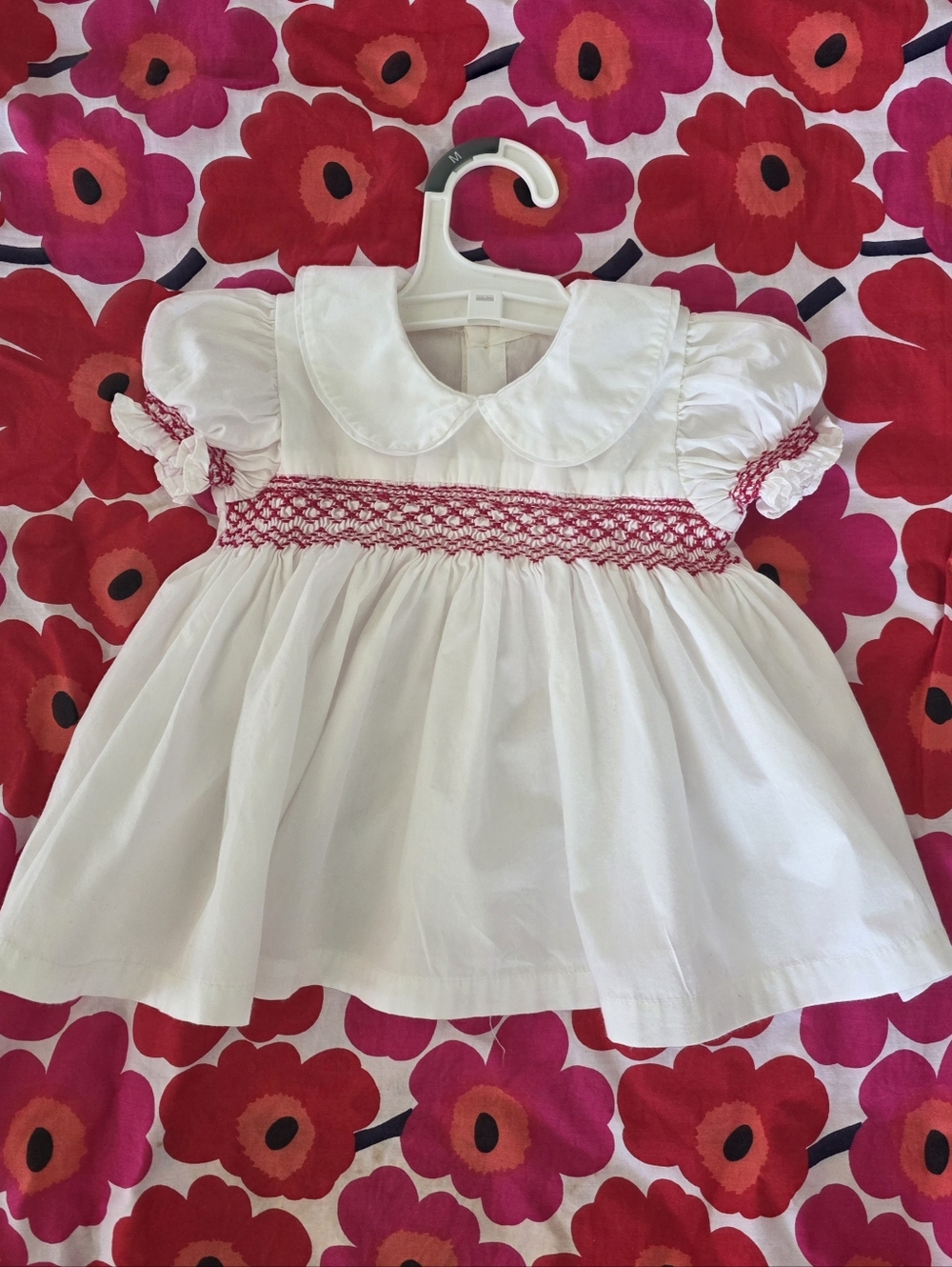 Classic Smocked Baby Dress White with Red Embroidery Peter Pan Collar